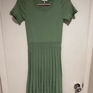 Sandro Paris Sage Green Knit Pleated Midi Dress Ruffle Sleeve Fit and Flare